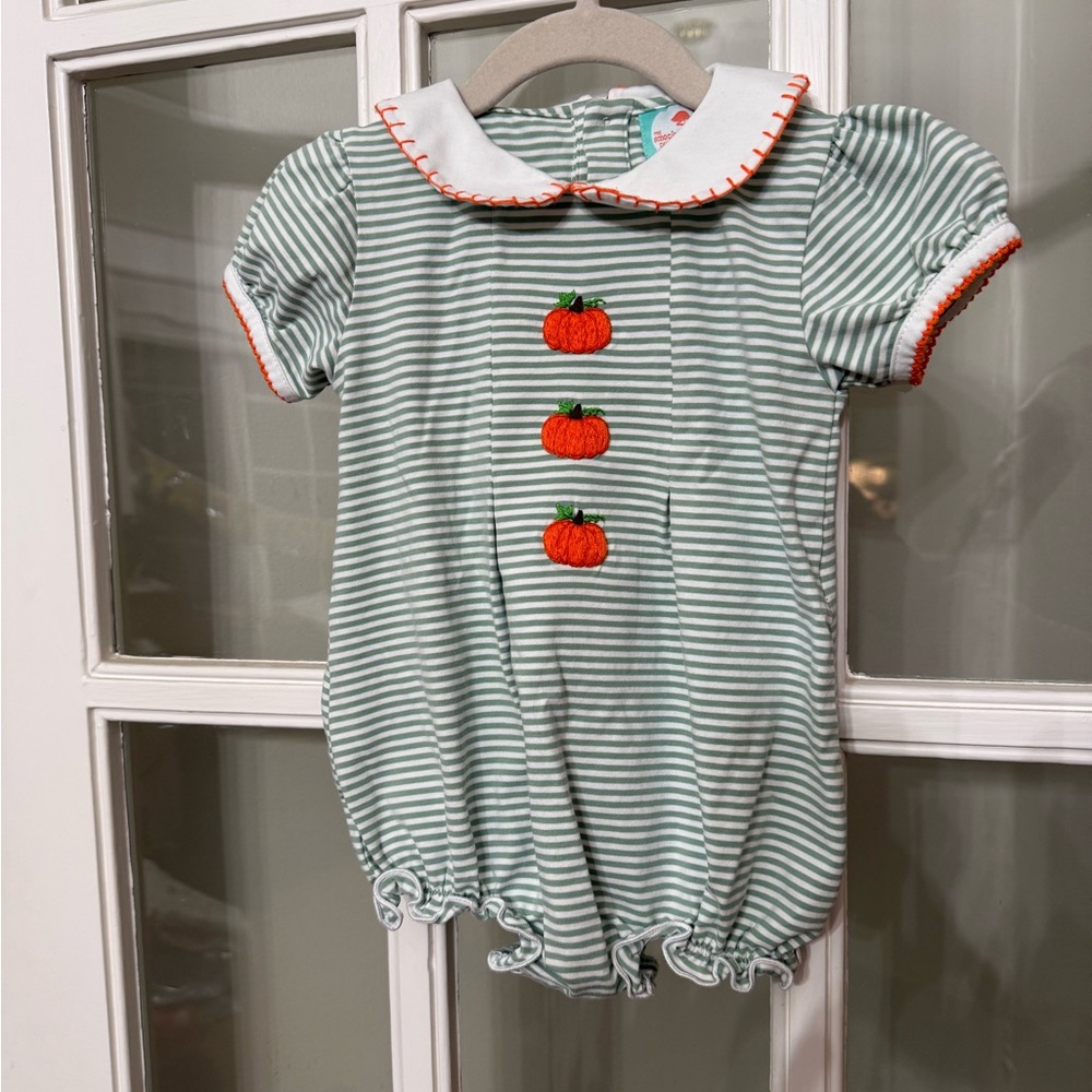 The Smocked Flamingo Green Striped Romper with Pumpkins